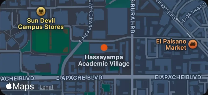 Map of the verified meetup spot at Hassayampa Academic Village, near Sun Devil Campus Stores and Apache Blvd
